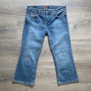 Vtg Y2K LEI Blue Denim Low Rise Capri Pants Sz 11 Cropped Boho Minimal Slim 32"w